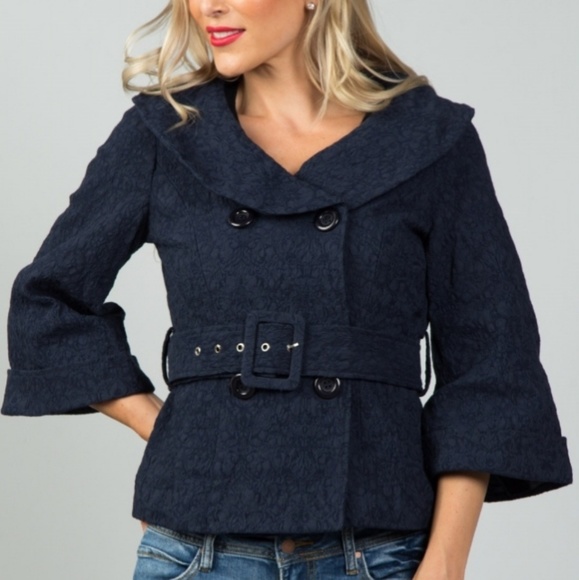 💙Navy Double Breasted Belted Lace Jacket - Picture 3 of 6